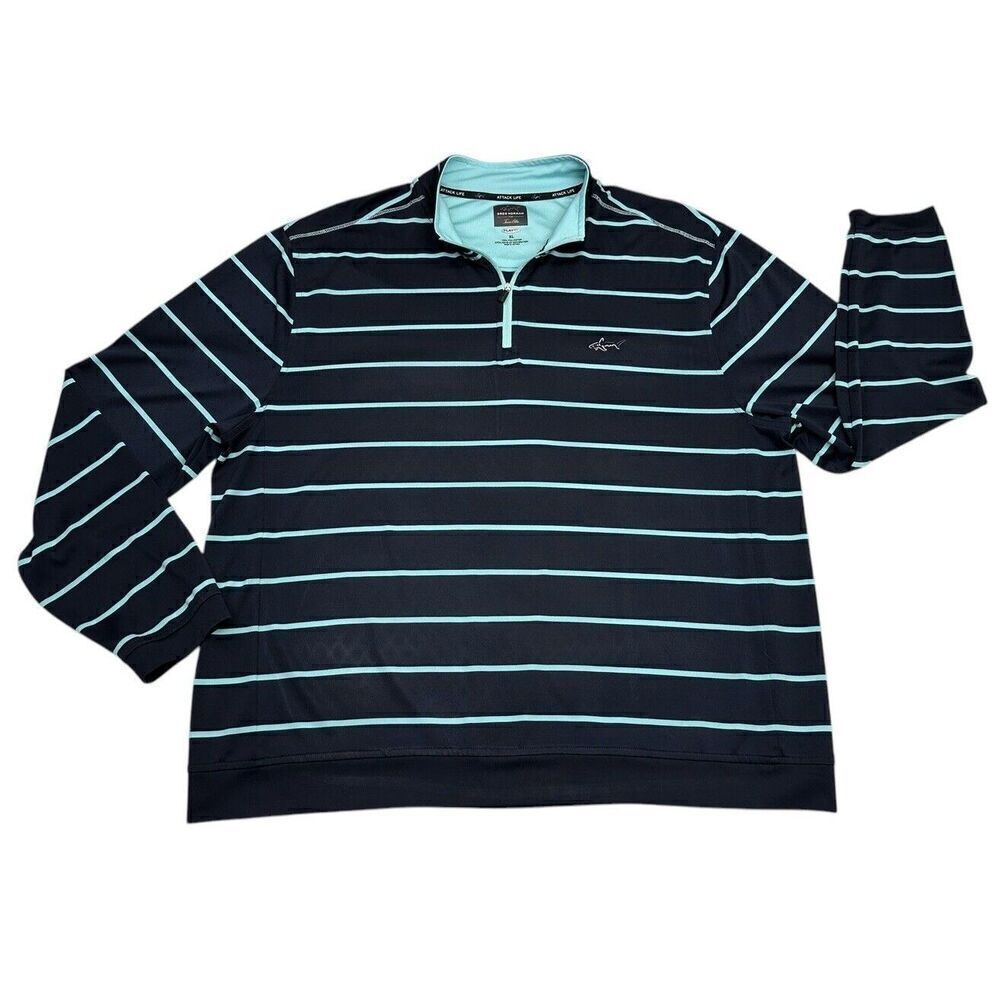 Greg Norman Tasso Elba 1/4 Zip Navy Blue & Aqua Striped Pullover Men’s Size XL
